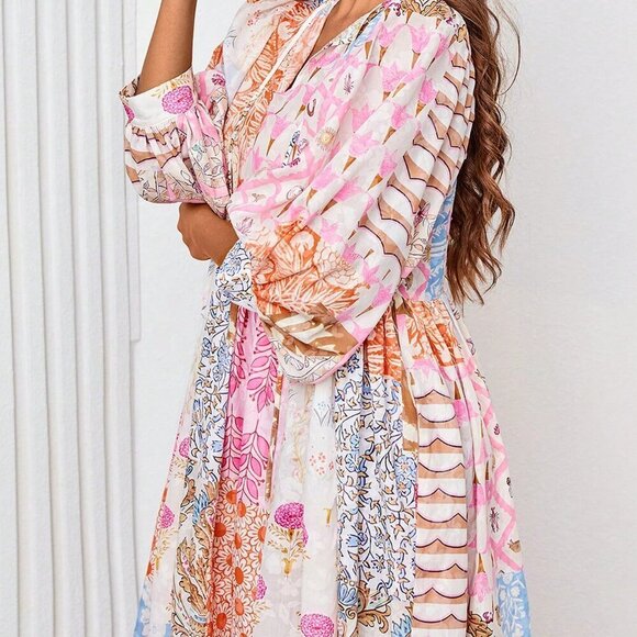 Multicolor Bohemian  Women's Lantern Sleeve V Neck Tie Pockets Maxi Dress - Picture 5 of 5